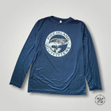 Navy high performance long sleeved shirt with Pike Island Outfitters Gananoque Canada logo featuring the pike fish