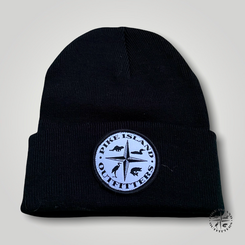 Black toque with round Pike Island Outfitters logo on the front