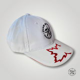 The side view of a white Canada hat with embroidered Pike Island compass logo.