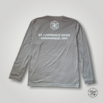 The back of a graphite coloured high performance long sleeved shirt with the Pike Island Outfitters logo at the nape of the neck and St. Lawrence River Gananoque, Ont on the shoulders
