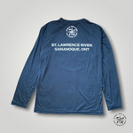 The back of a navy high performance long sleeved shirt with the Pike Island Outfitters logo at the nape of the neck and St. Lawrence River Gananoque, Ont on the shoulders