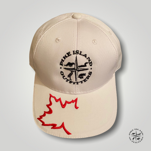 The front of a white Canada hat with embroidered Pike Island compass logo.