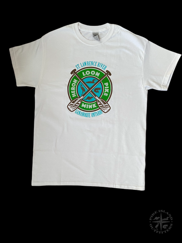 St. Lawrence Paddles printed graphic white t-shirt with animals and Pike Island Outfitters logo