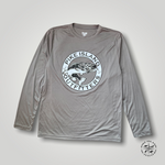 Graphite coloured high performance long sleeved shirt with Pike Island Outfitters Gananoque Canada logo featuring the pike fish