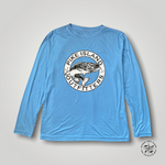 Light blue high performance long sleeved shirt with Pike Island Outfitters Gananoque Canada logo featuring the pike fish