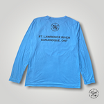 The back of a light blue high performance long sleeved shirt with the Pike Island Outfitters logo at the nape of the neck and St. Lawrence River Gananoque, Ont on the shoulders